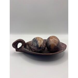 Hand Carved Soapstone Swan Dish with 2 Etched Eggs Decorative Set Brown Burgundy